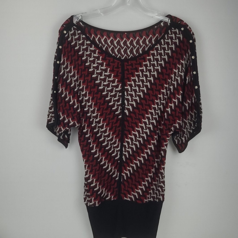 White House Black Market Knit Blouse S Red Chevron Strped Short Batwing Sleeve